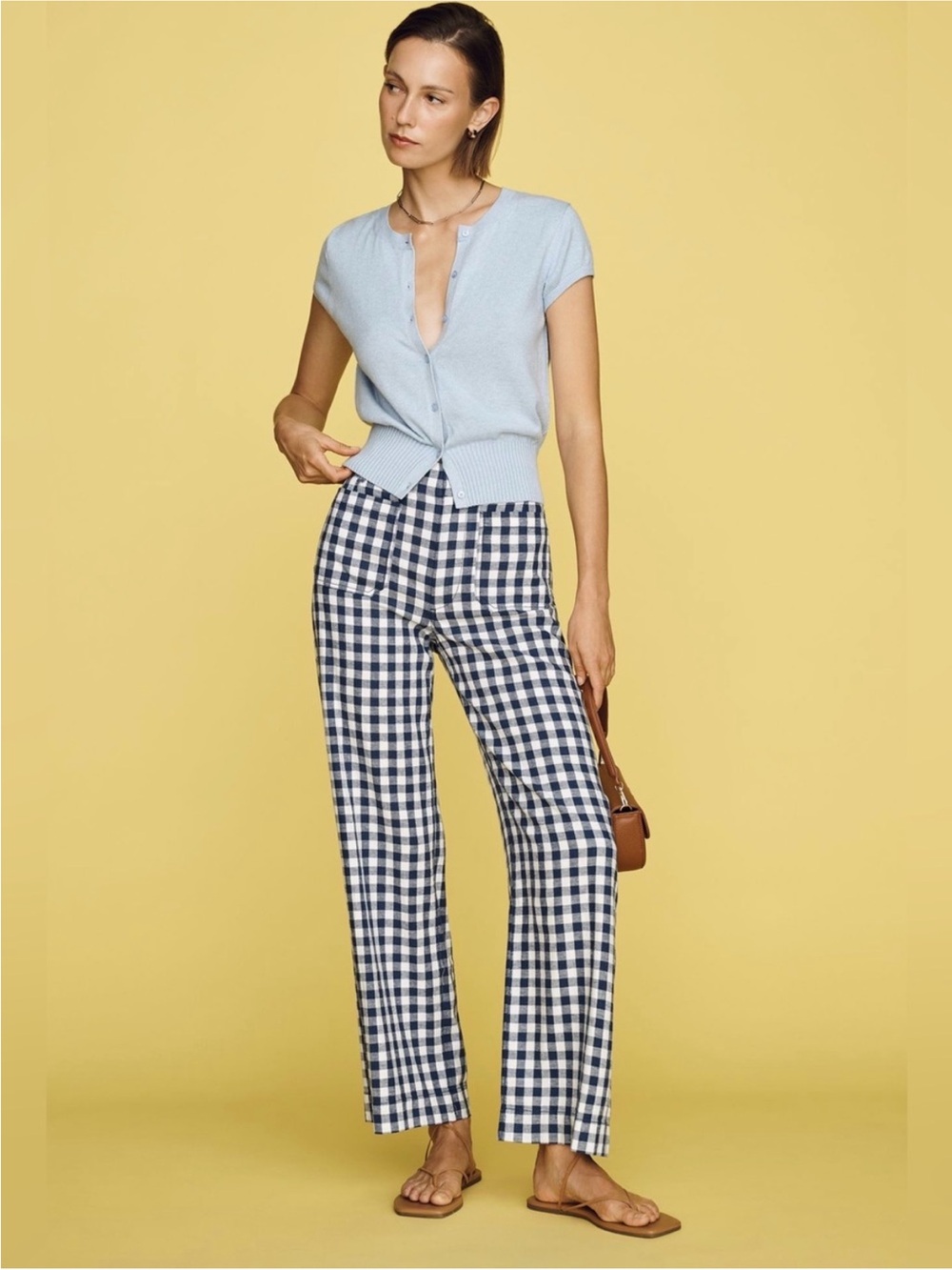 Anthropologie Maeve Linen Stretch Colette Wide Leg Navy Gingham Pant 27